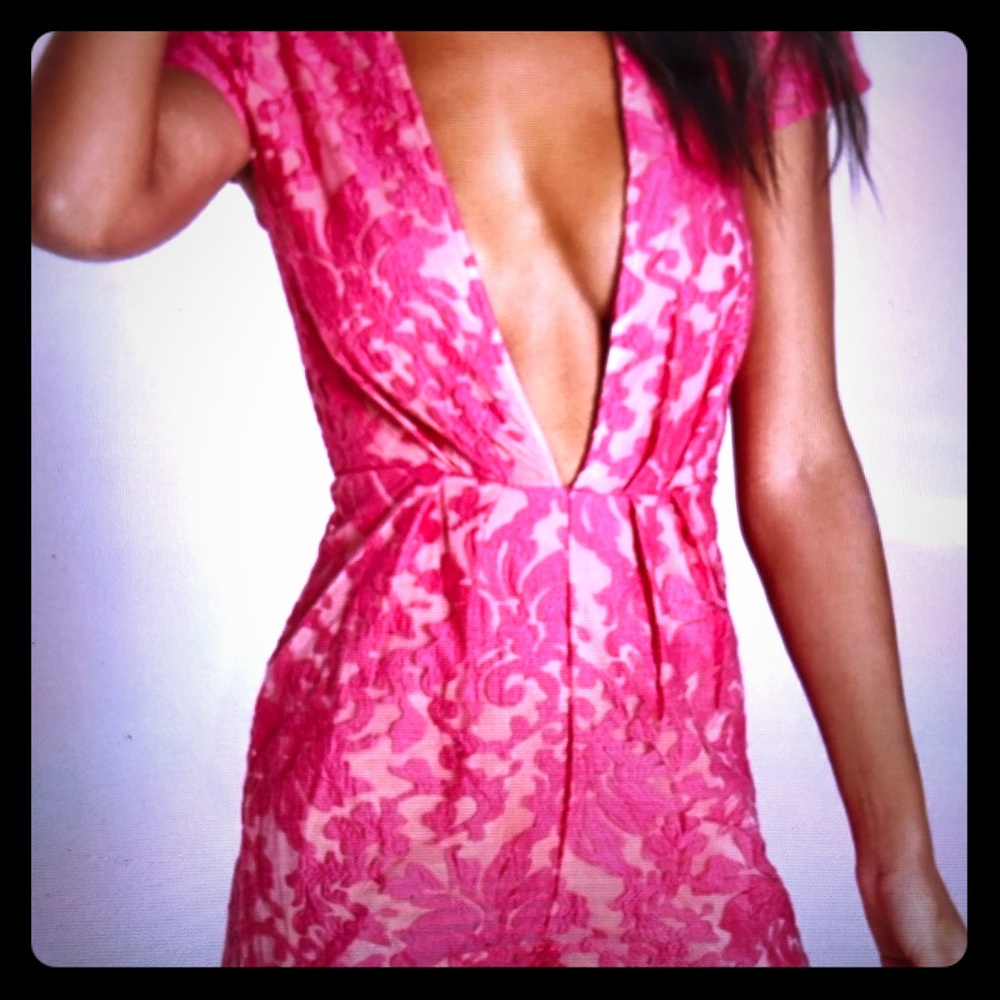 Misguided Lace Fuscia Plummeting Neck Romper